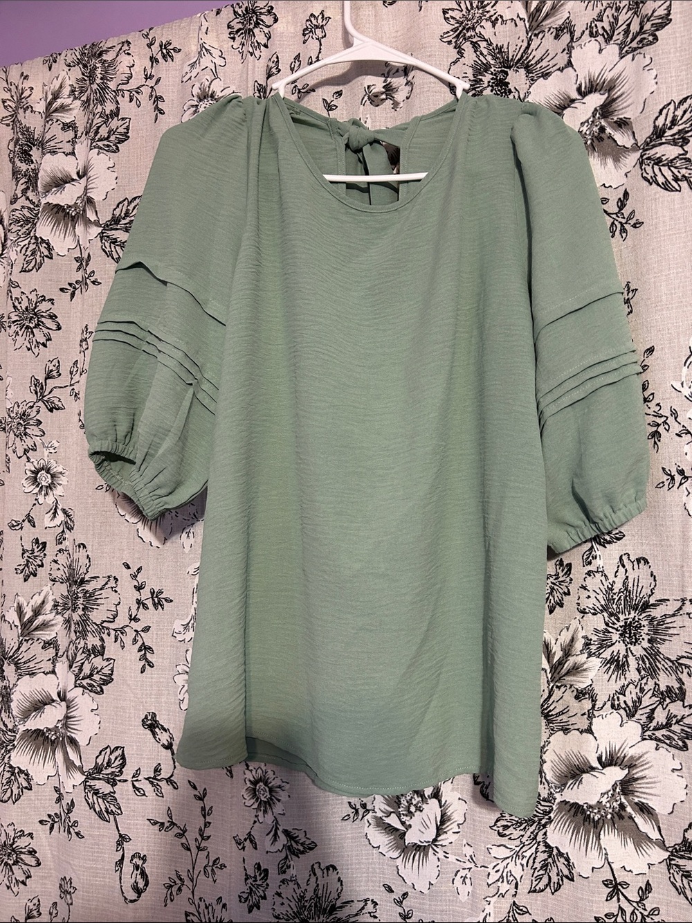 Sage Green Puff-Sleeve Blouse with Back Tie Detail